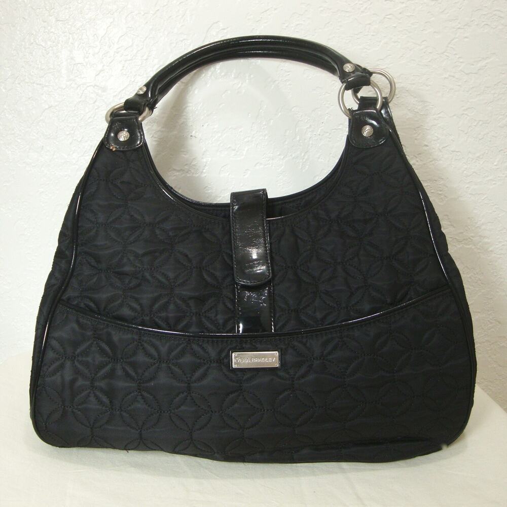 VERA BRADLEY Black Nylon Shoulder Bag Large Quilted Faux Leather Trim Purse